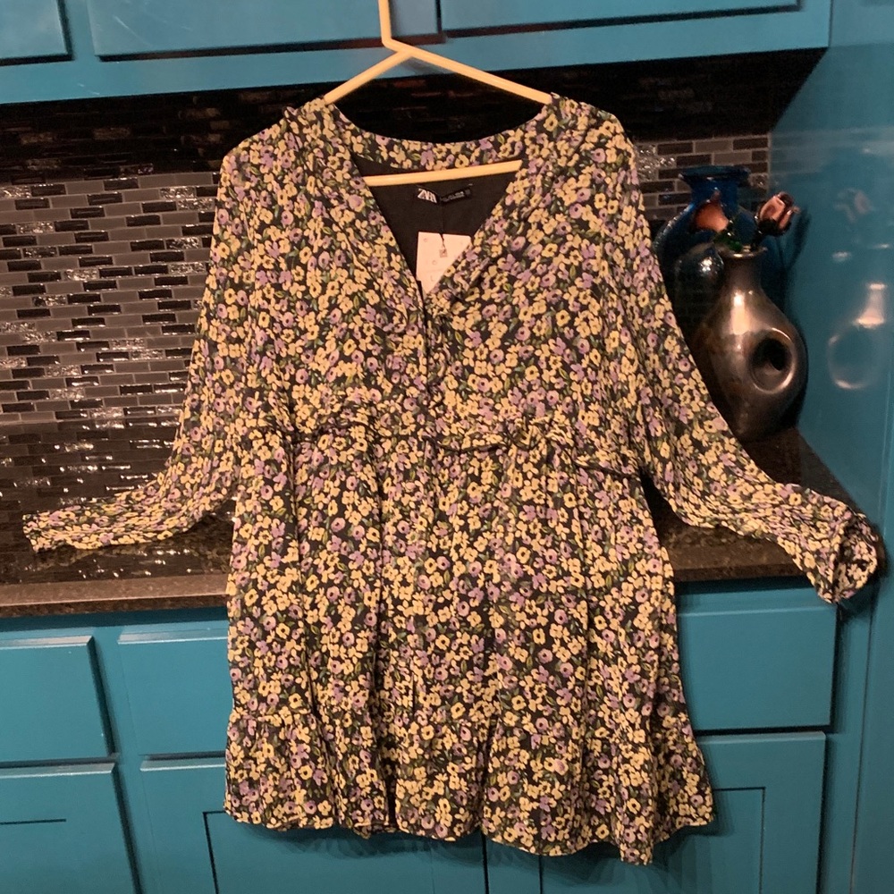 Zara Black and Purple Patterned Dress